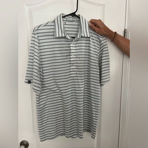 Criquet Men’s Green and White Striped Gold Polo Medium